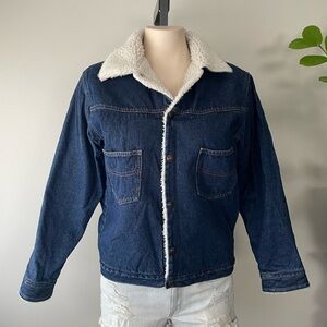 Vintage Denim Trucker Jacket Sherpa Fleece Button Down Grunge Western Small